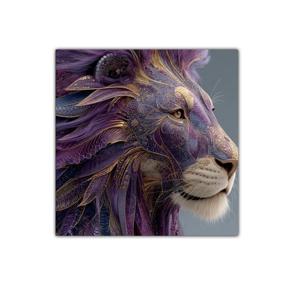Impresionante león con detalles dorados y tonos violetas — imagen principal