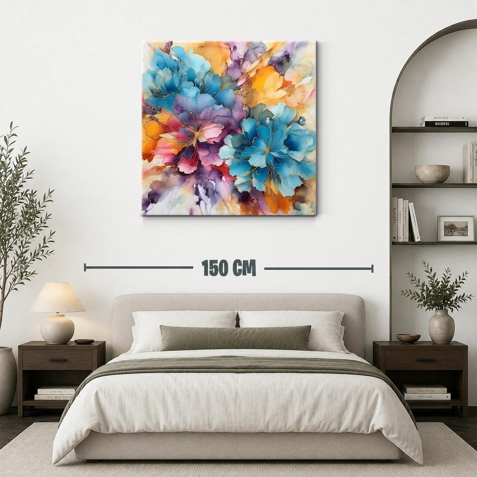 Cuadro floral abstracto en vibrantes tonos azul y naranja — miniatura 3
