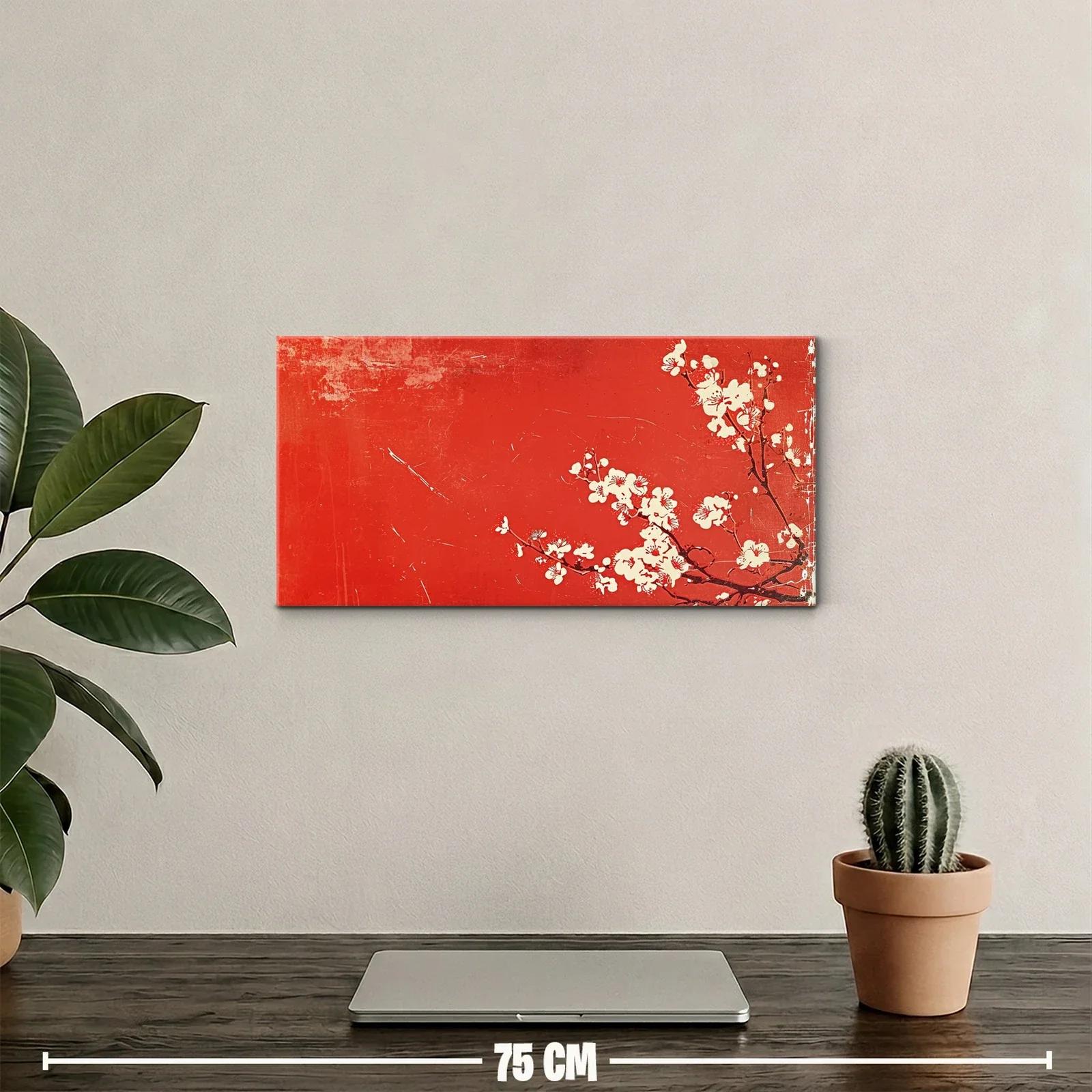 Cuadro rama de flores de cerezo sobre fondo rojo texturizado — miniatura 2
