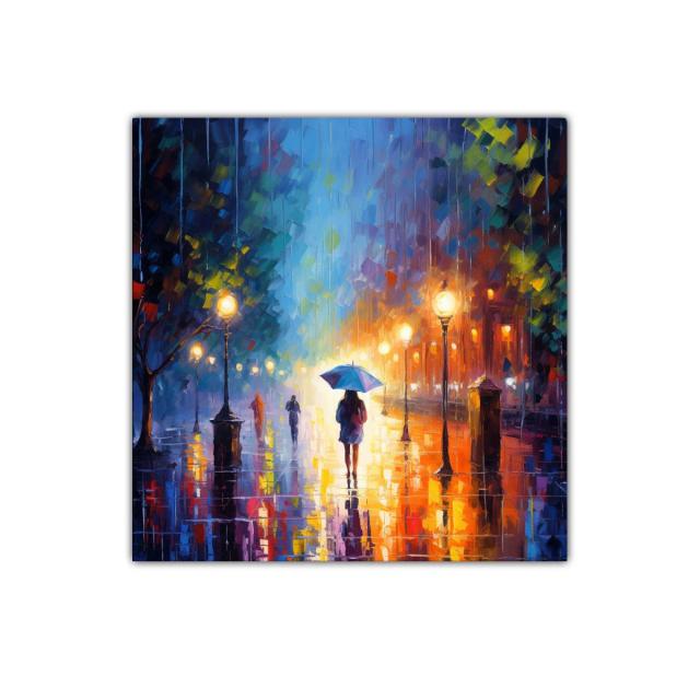 Camino urbano nocturno con luces y lluvia vibrante