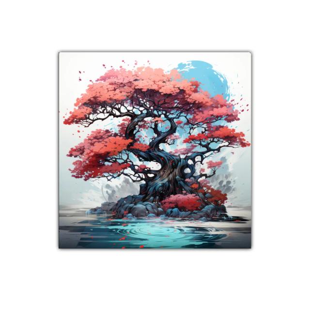 Árbol mágico con hojas coral y cielo azul