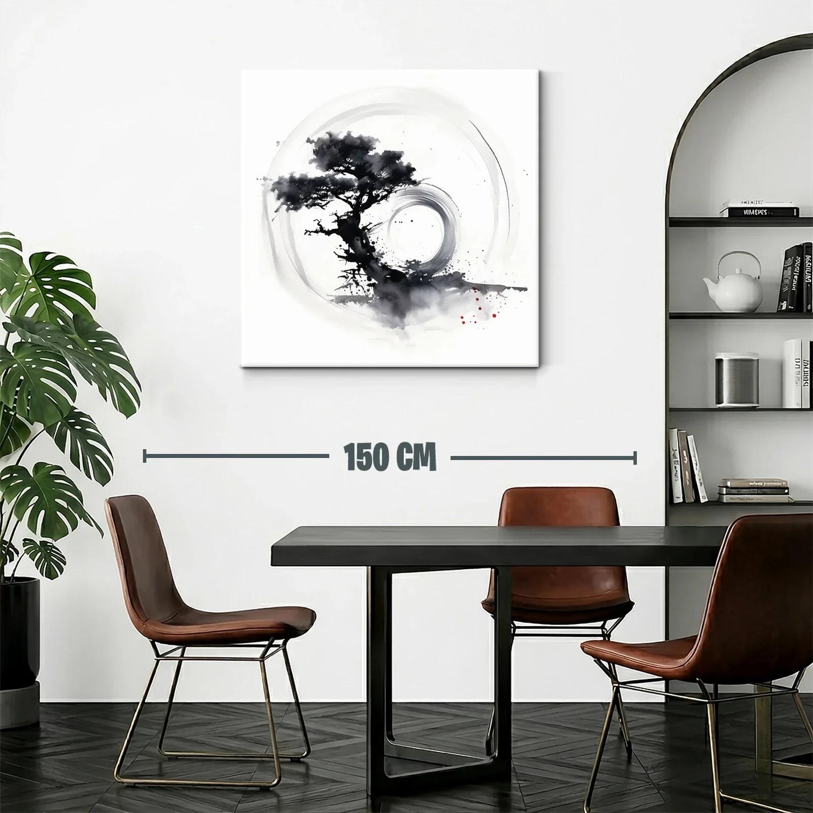 Cuadro árbol zen con círculo en tinta monocroma — miniatura 2