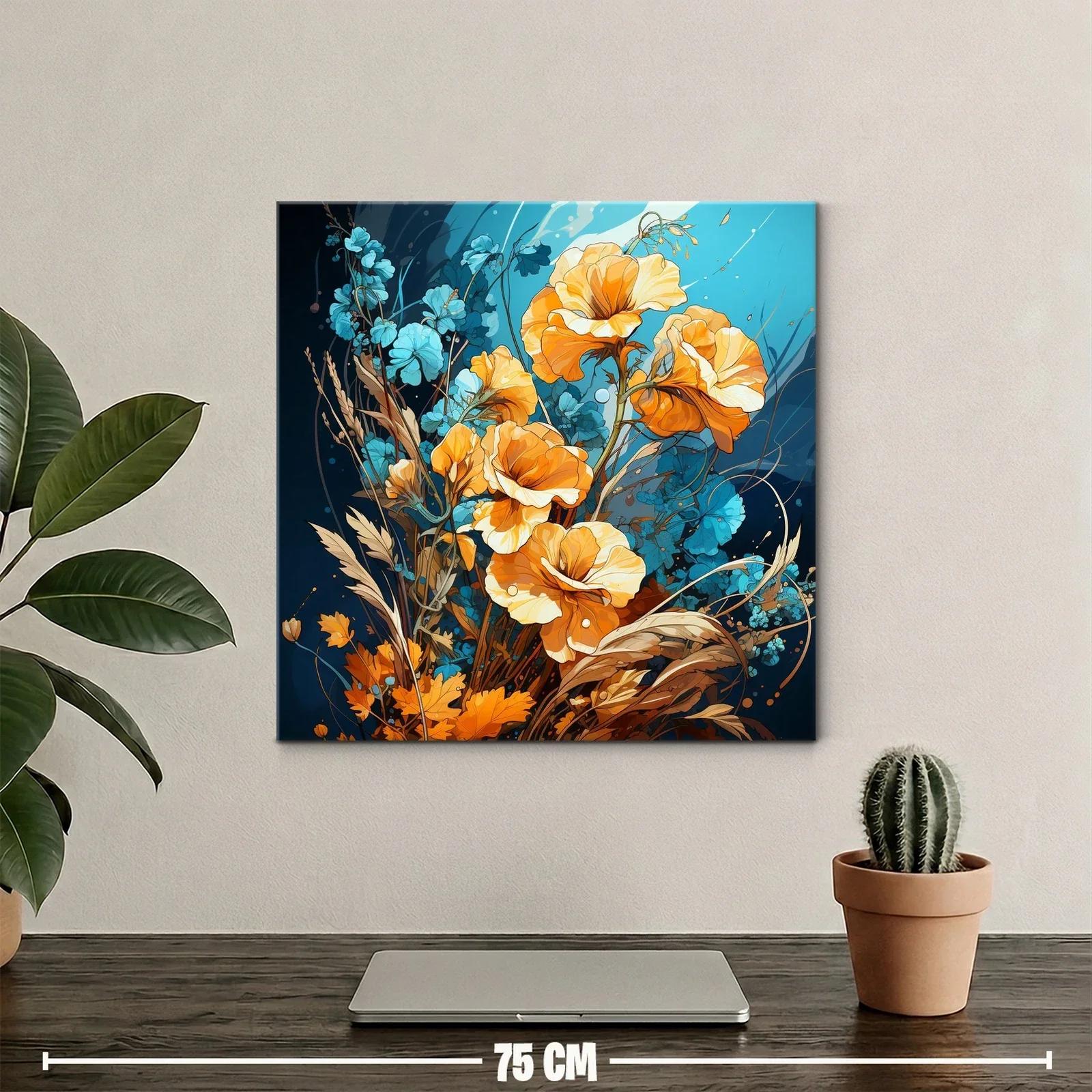 Cuadro con flores vibrantes en tonos naranjas y azules — miniatura 2