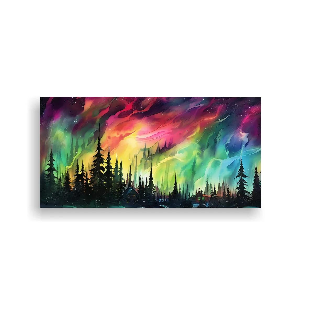 Cuadro aurora boreal sobre bosque de pinos con cabañas iluminadas