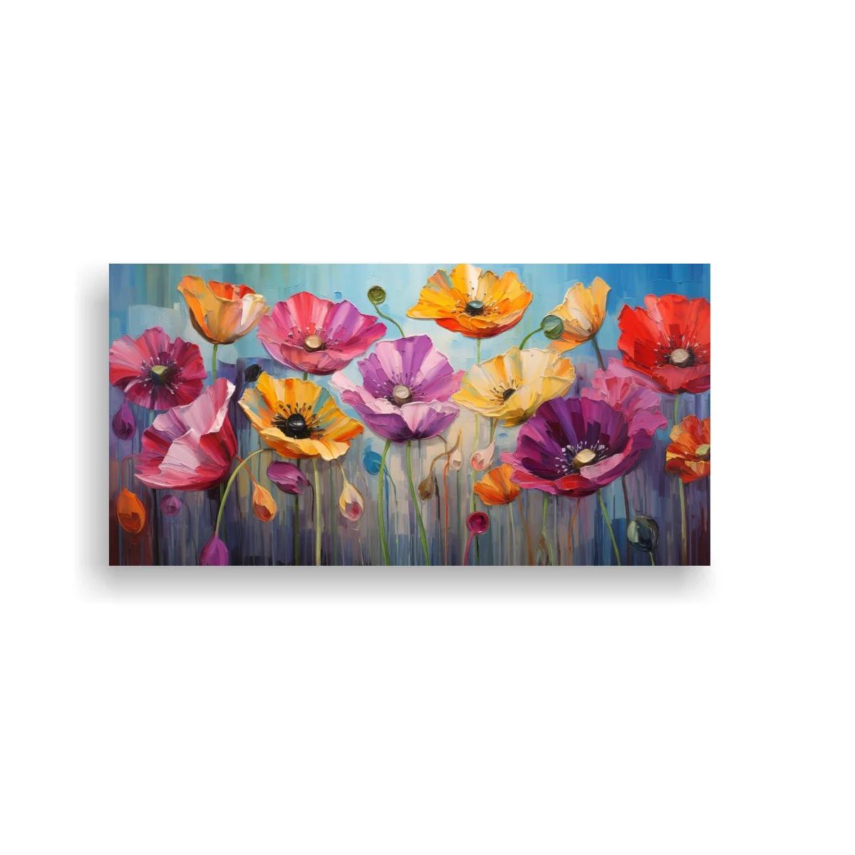 Cuadro amapolas de colores con fondo azul y malva