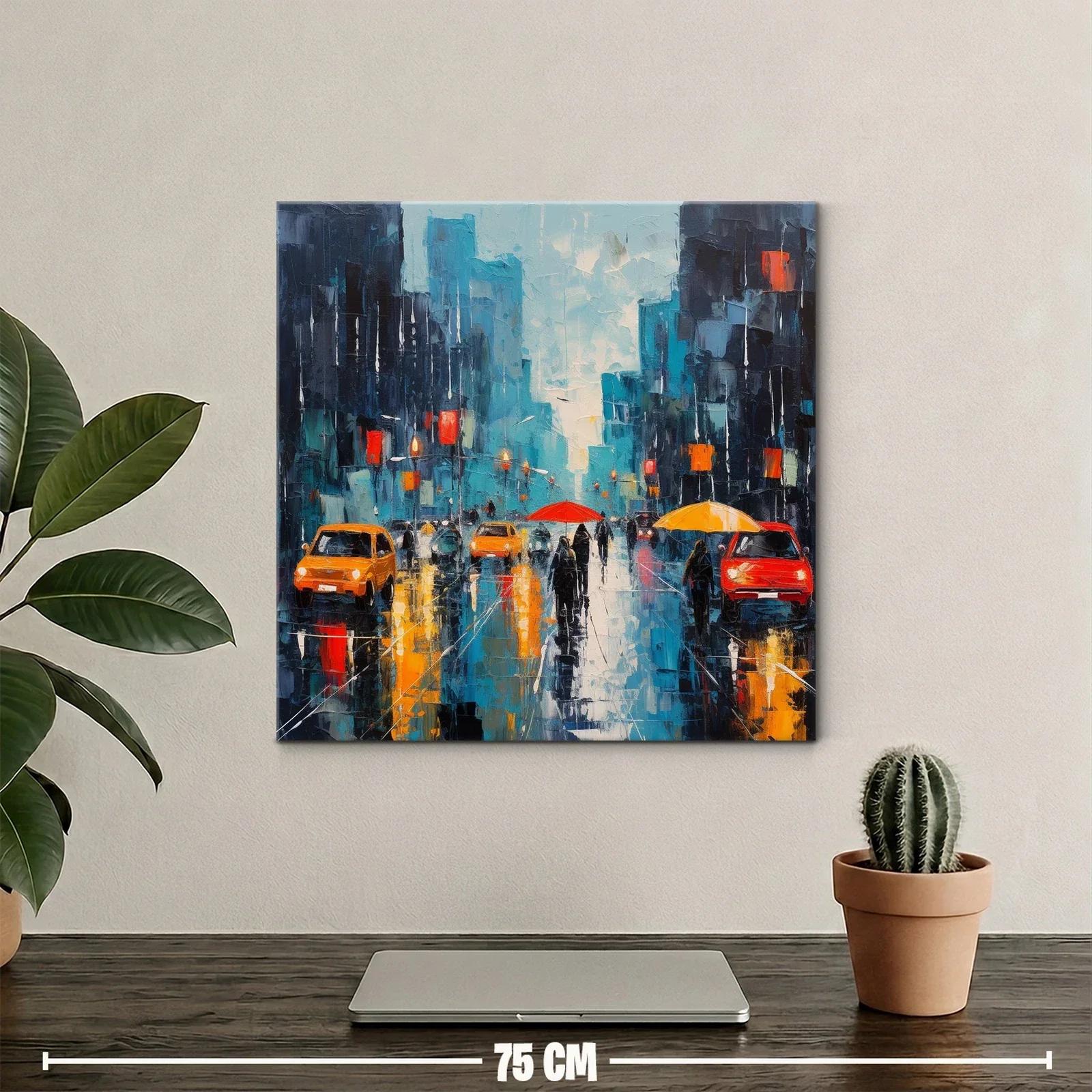 Cuadro urbano con paraguas en tonos vibrantes y contrastes — miniatura 2
