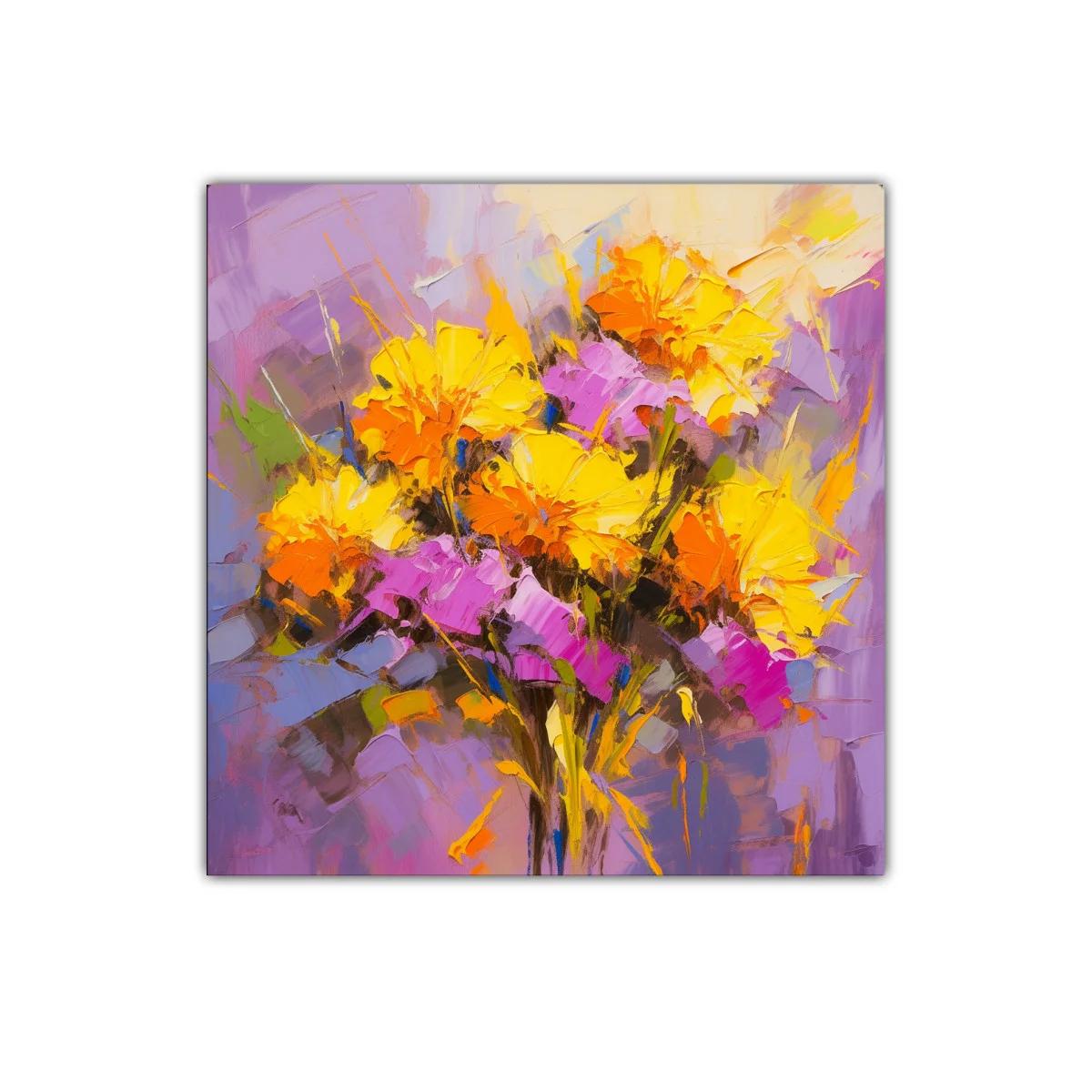 Ramo vibrante de flores en tonos amarillos y morados