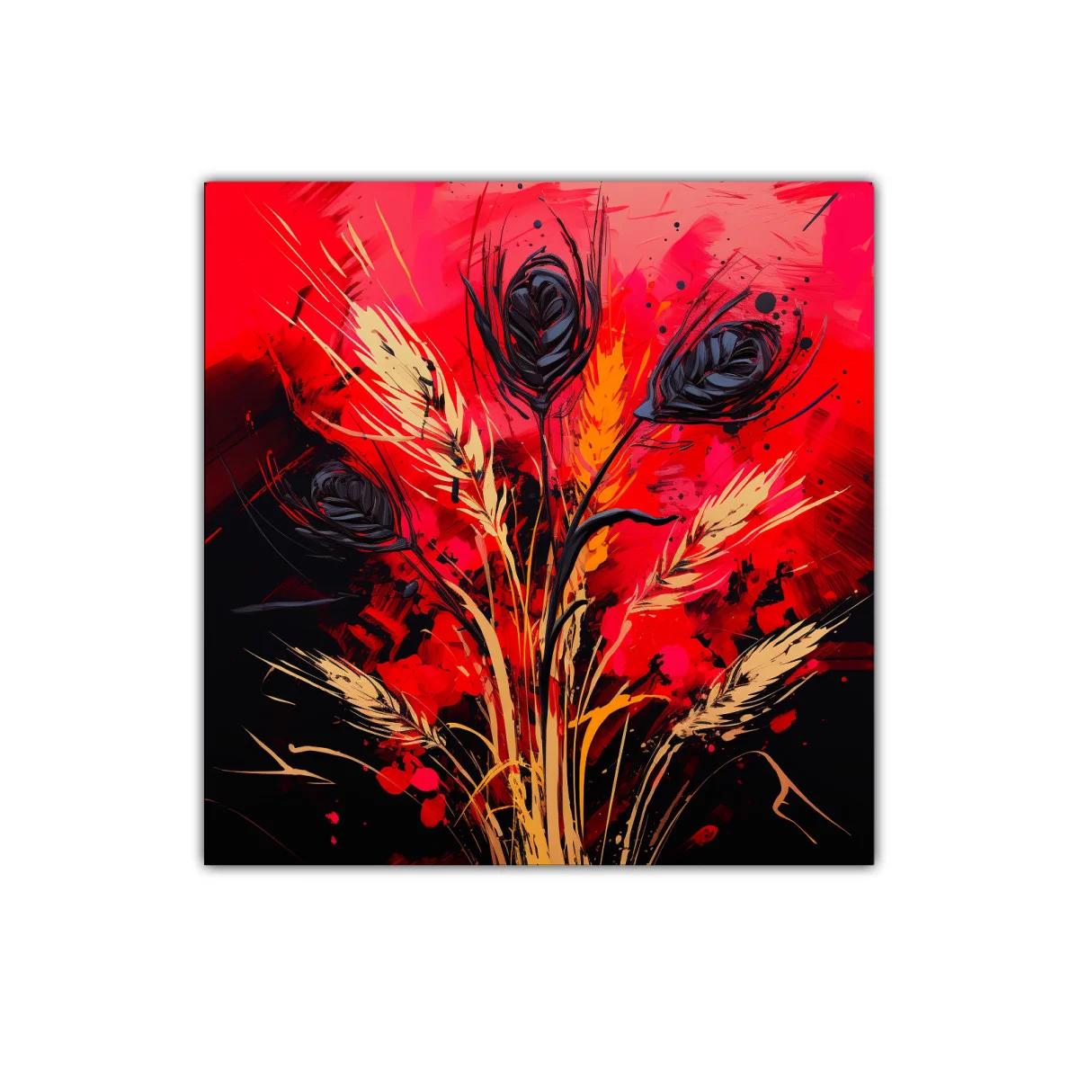 Composición abstracta con flores negras y fondo rojo intenso — imagen principal