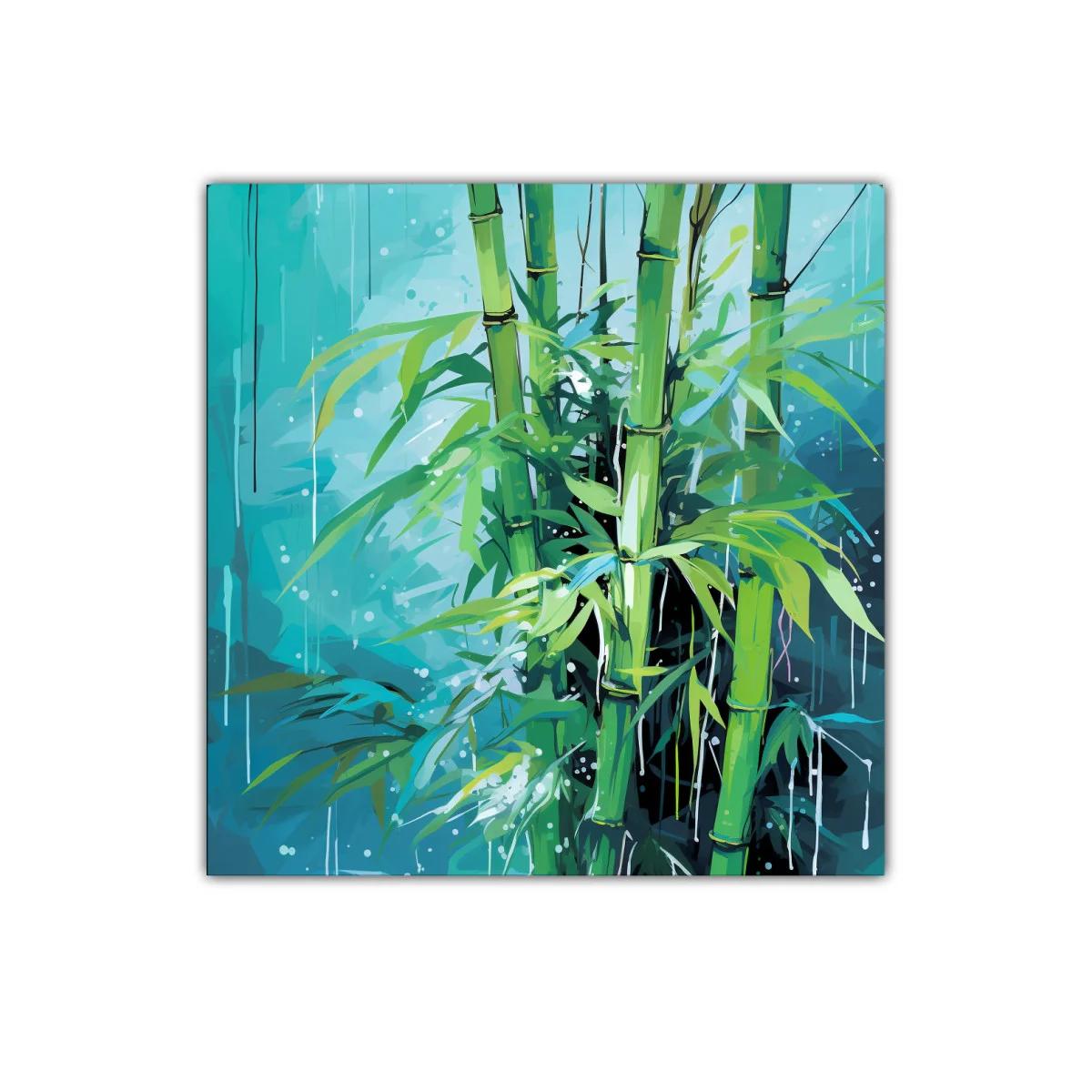 Cuadro decorativo con bambú en tonos verdes y azules