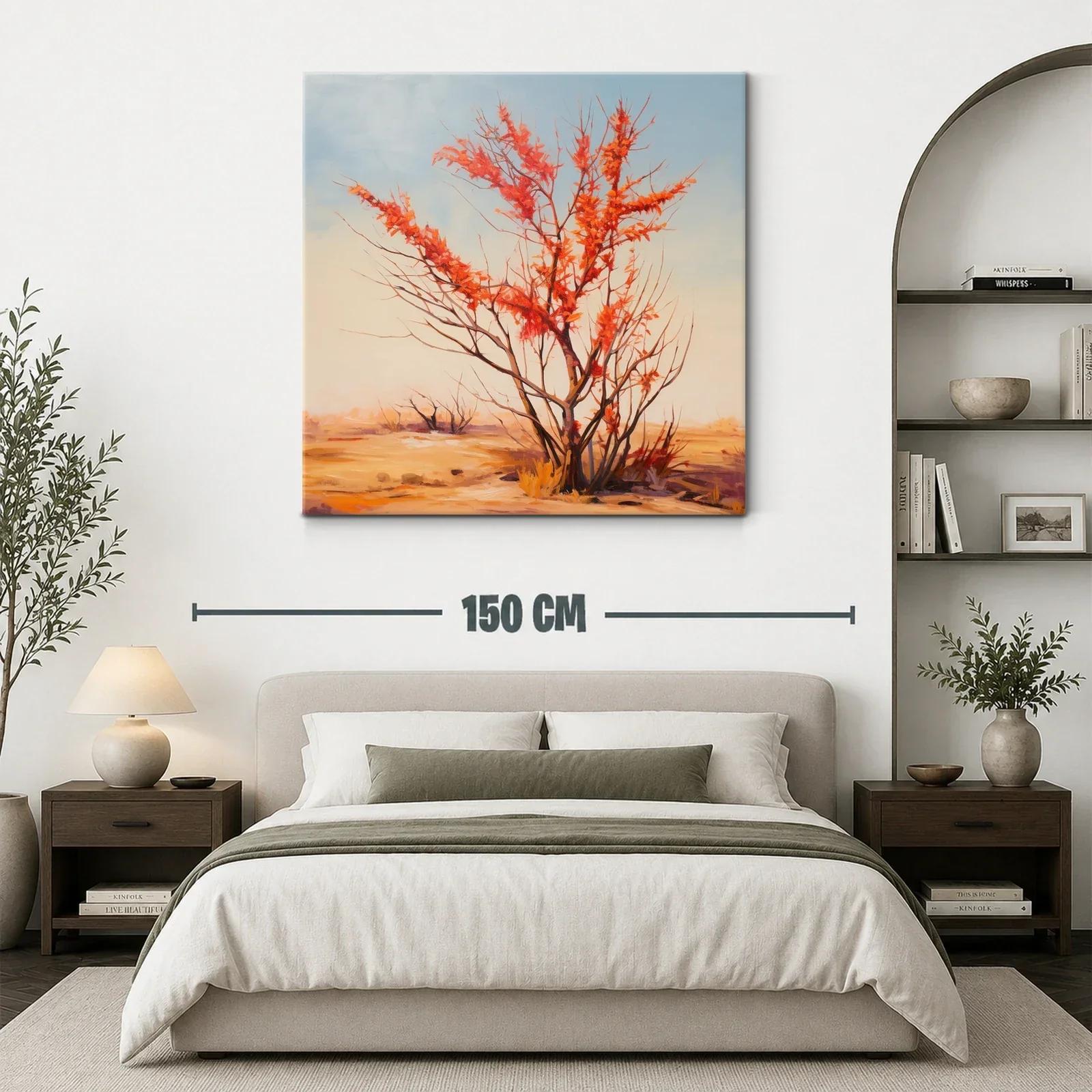 Árbol otoñal con hojas rojas sobre paisaje cálido — miniatura 3