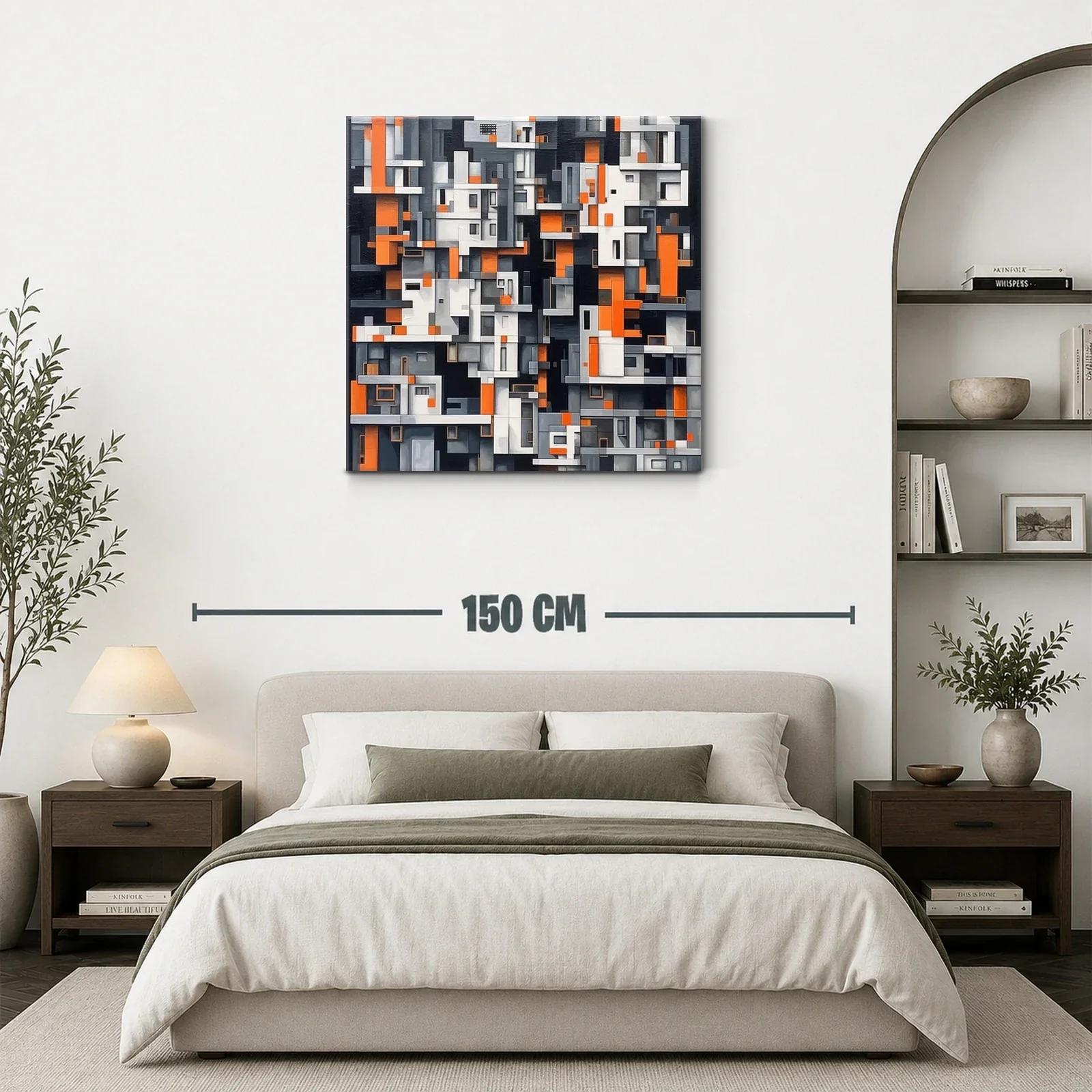 Cuadro abstracto con diseño geométrico en tonos naranja y gris — miniatura 3