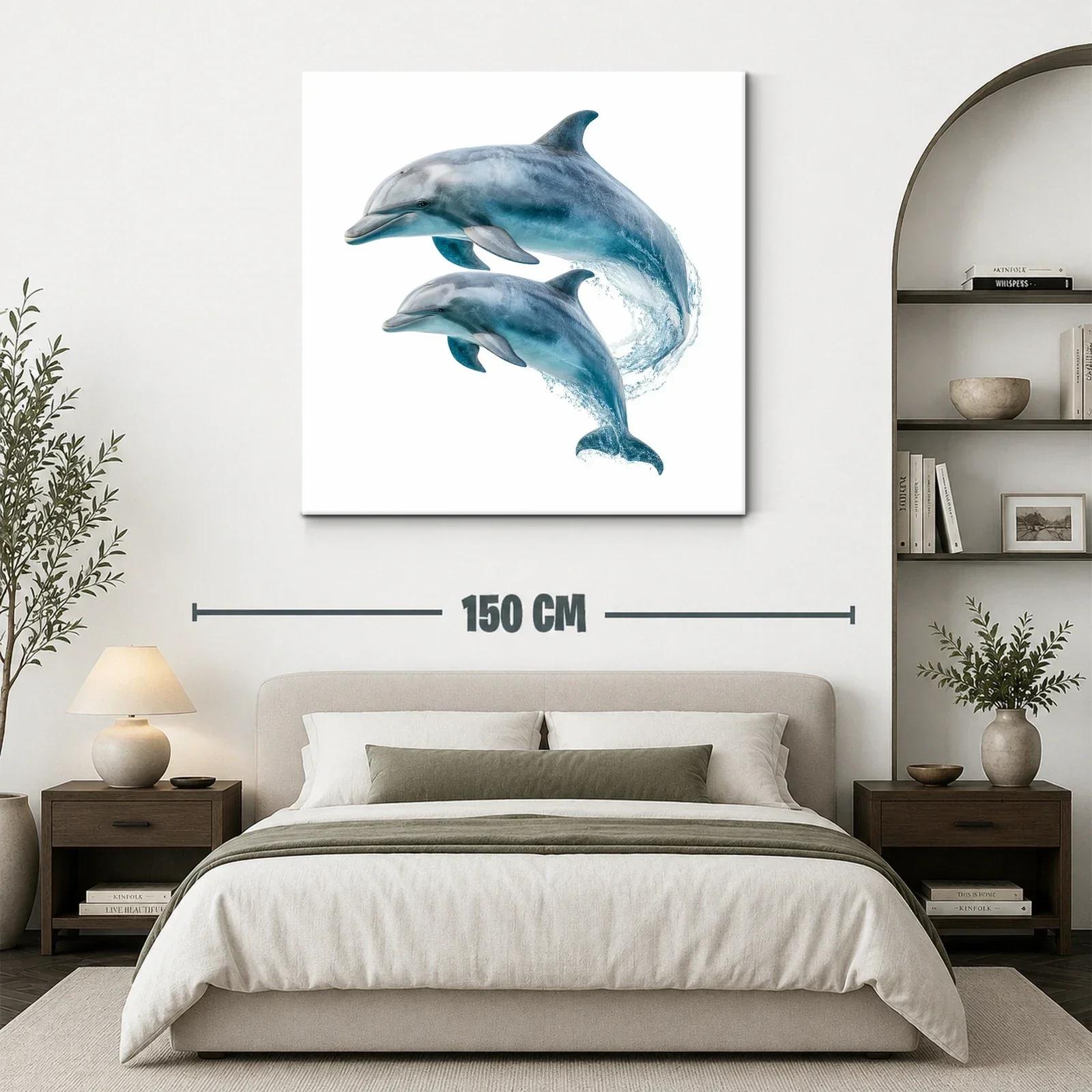 Cuadro de delfines saltando en tonos azules y grises — miniatura 3