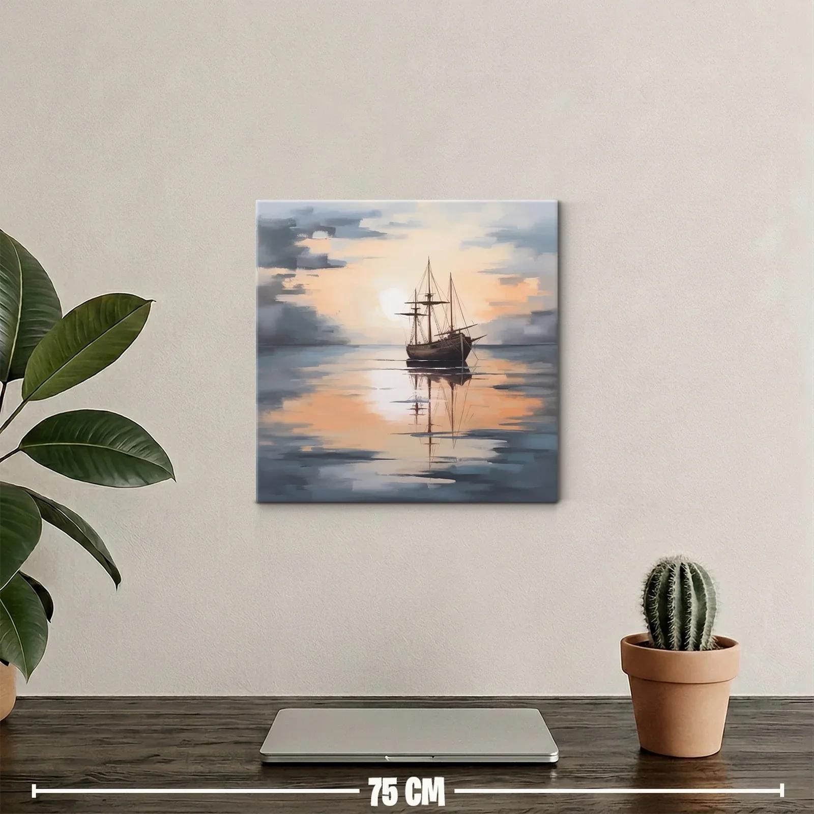 Barco antiguo en calma al atardecer reflejado en el agua — miniatura 2