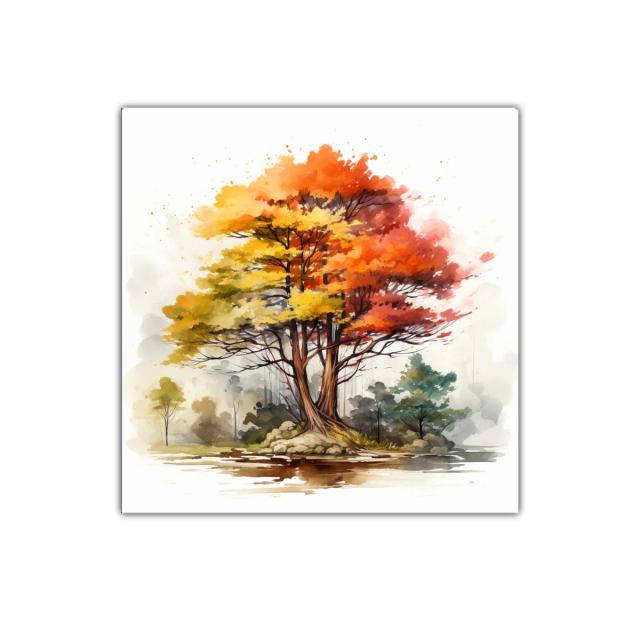 Árbol de otoño con vibrantes colores cálidos y paisaje sereno