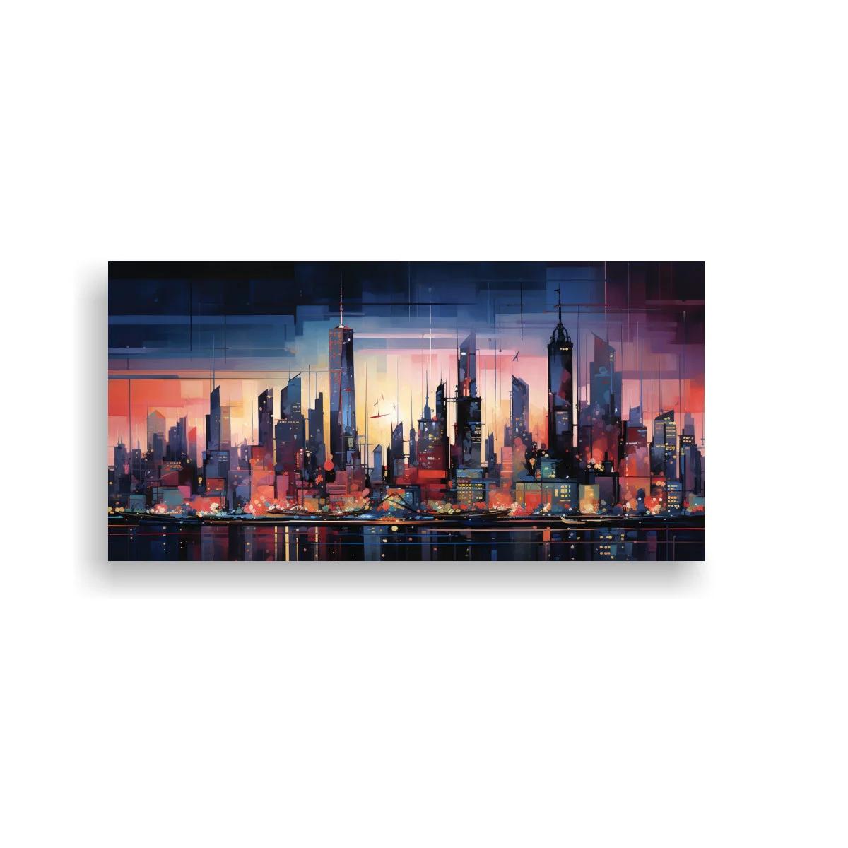 Cuadro skyline urbano con reflejos y cielo rosado