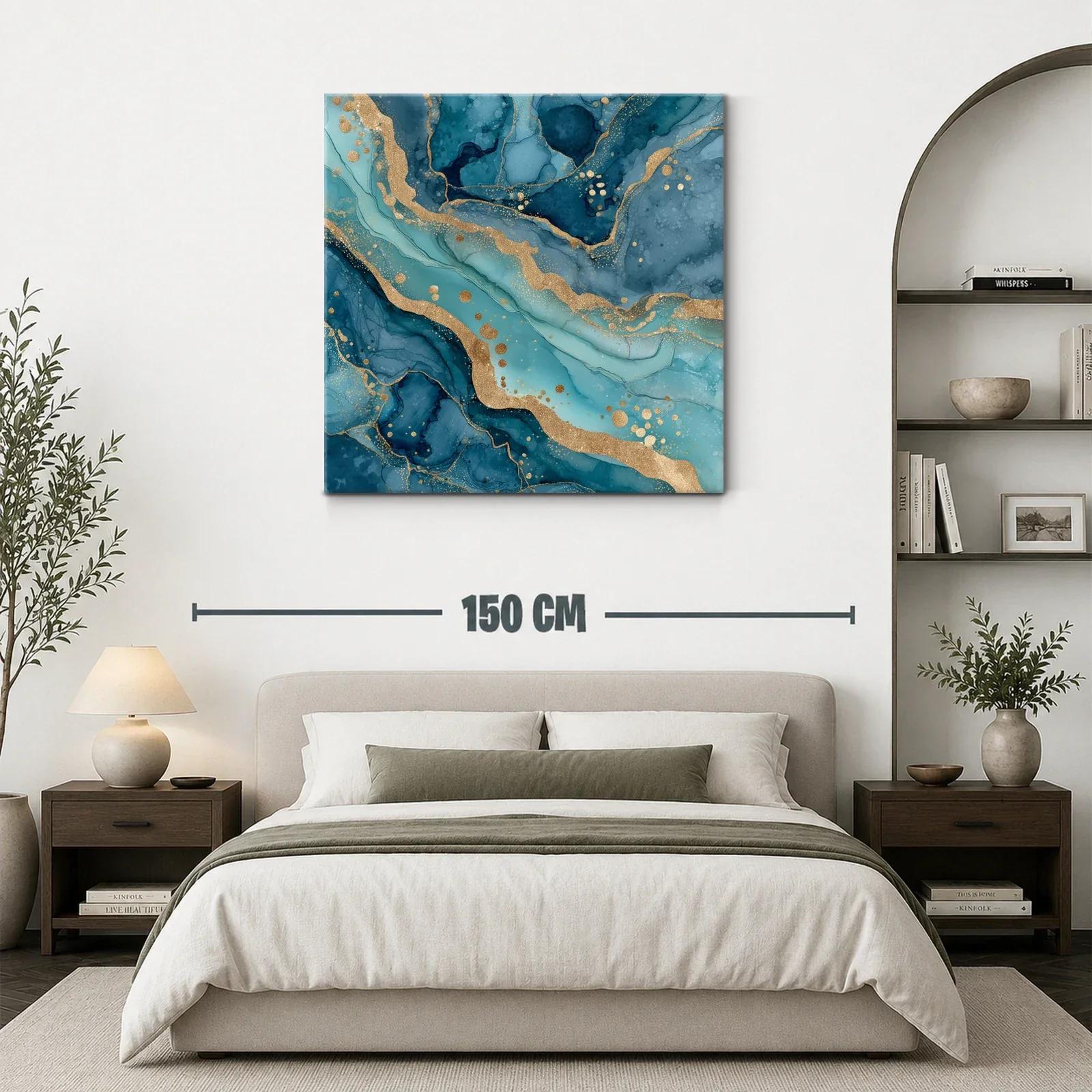 Cuadro abstracto con tonos azules y detalles dorados brillantes — miniatura 3