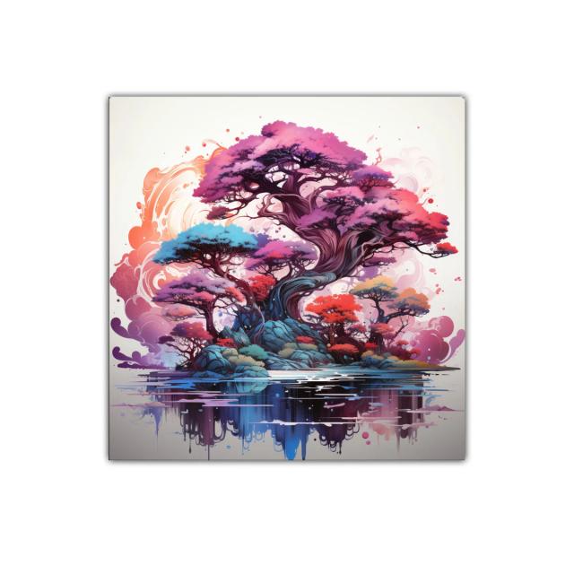 Árboles fantasía con colores vibrantes y reflejo en agua