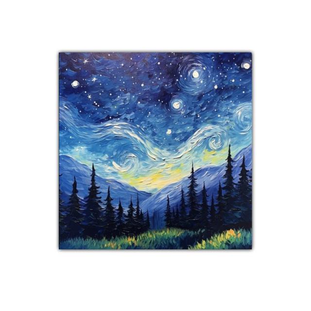 Paisaje nocturno con cielo estrellado sobre montañas y bosque