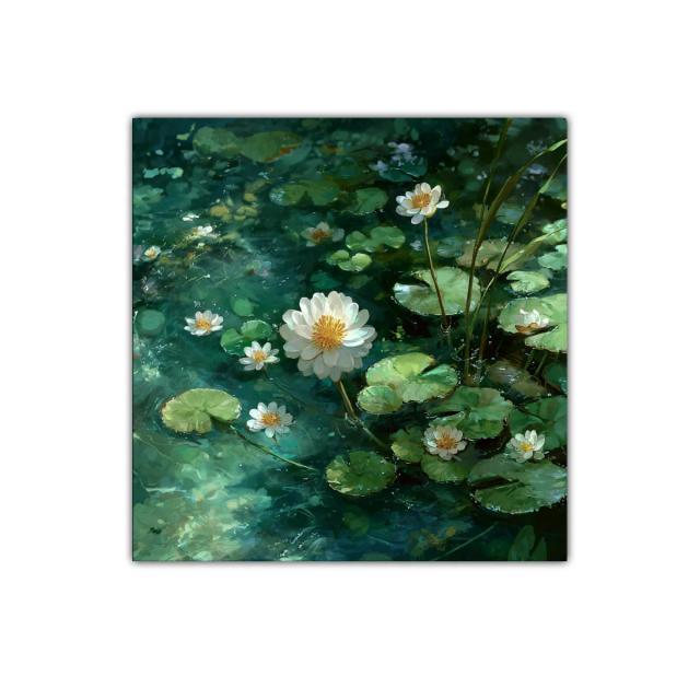 Lienzo de flores acuáticas en tonos verde y blanco