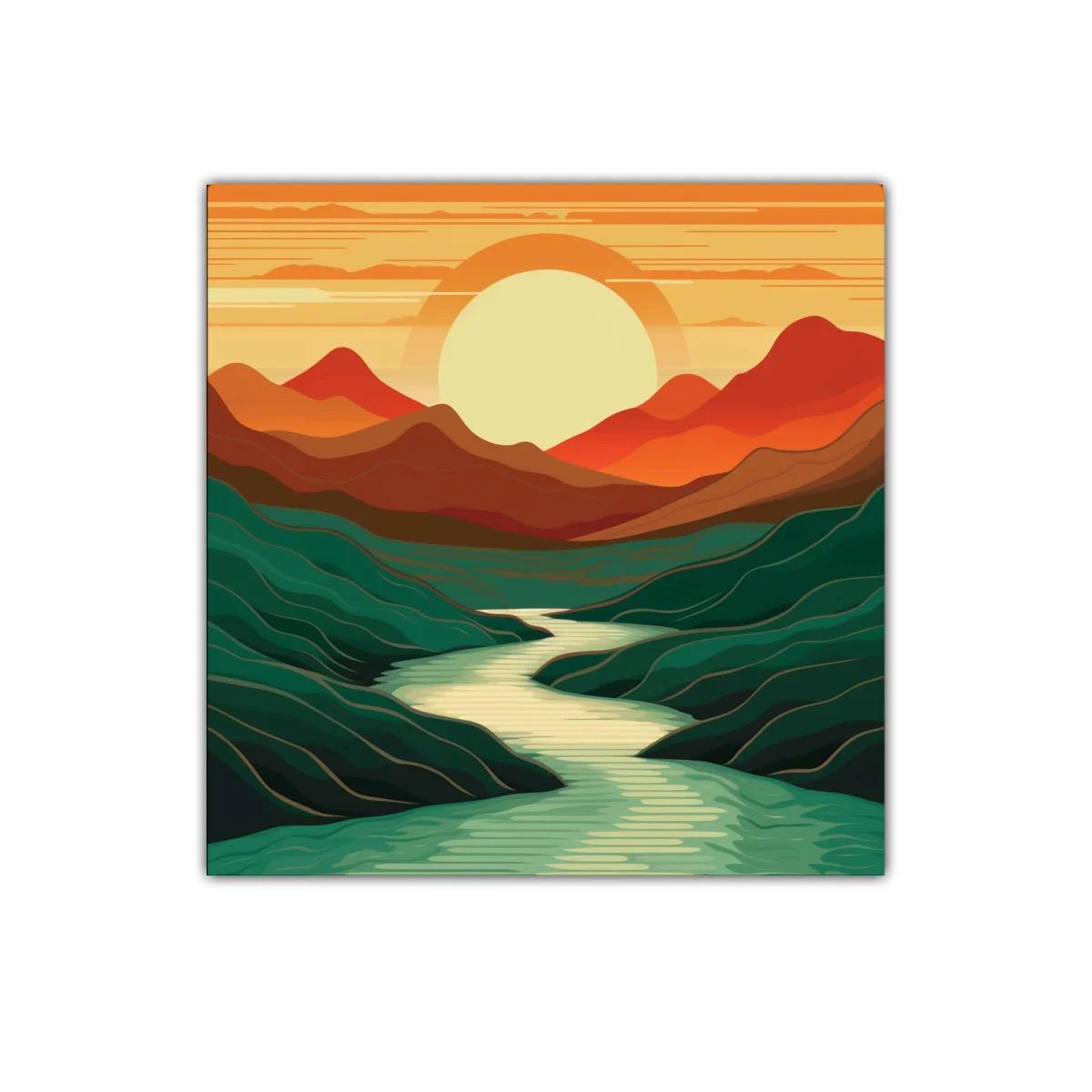Paisaje con río serpenteante y sol poniente cálido — imagen principal