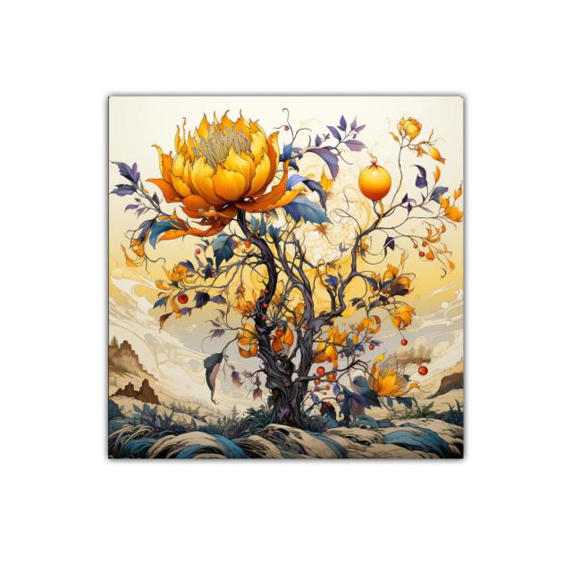 Cuadro fantasioso con árbol y flores en tonos cálidos