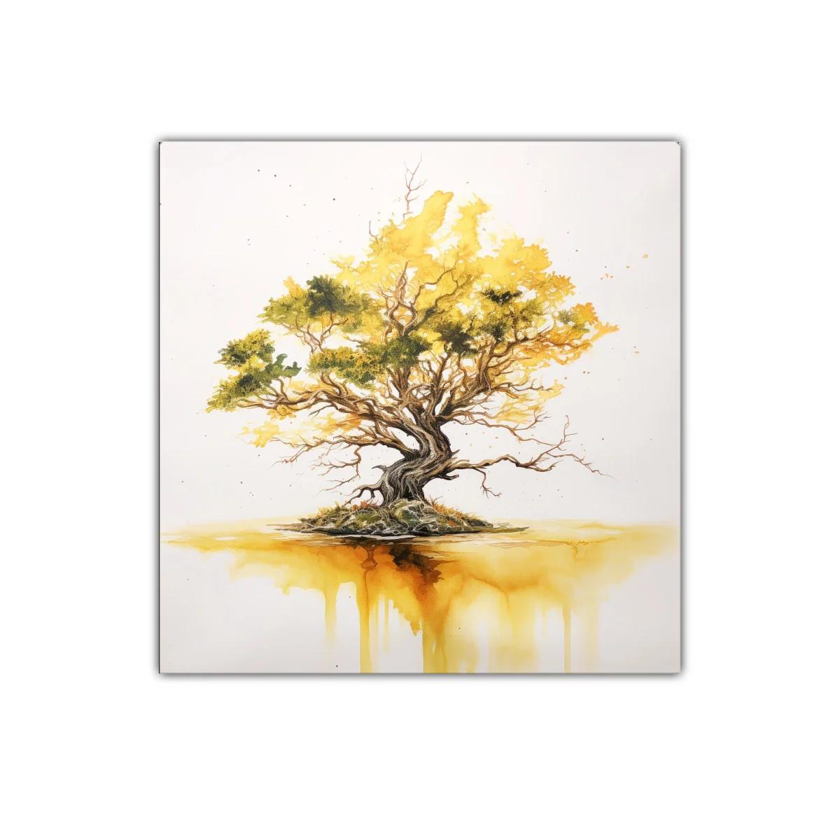 Árbol dorado con reflejo en acuarela expresiva — imagen principal