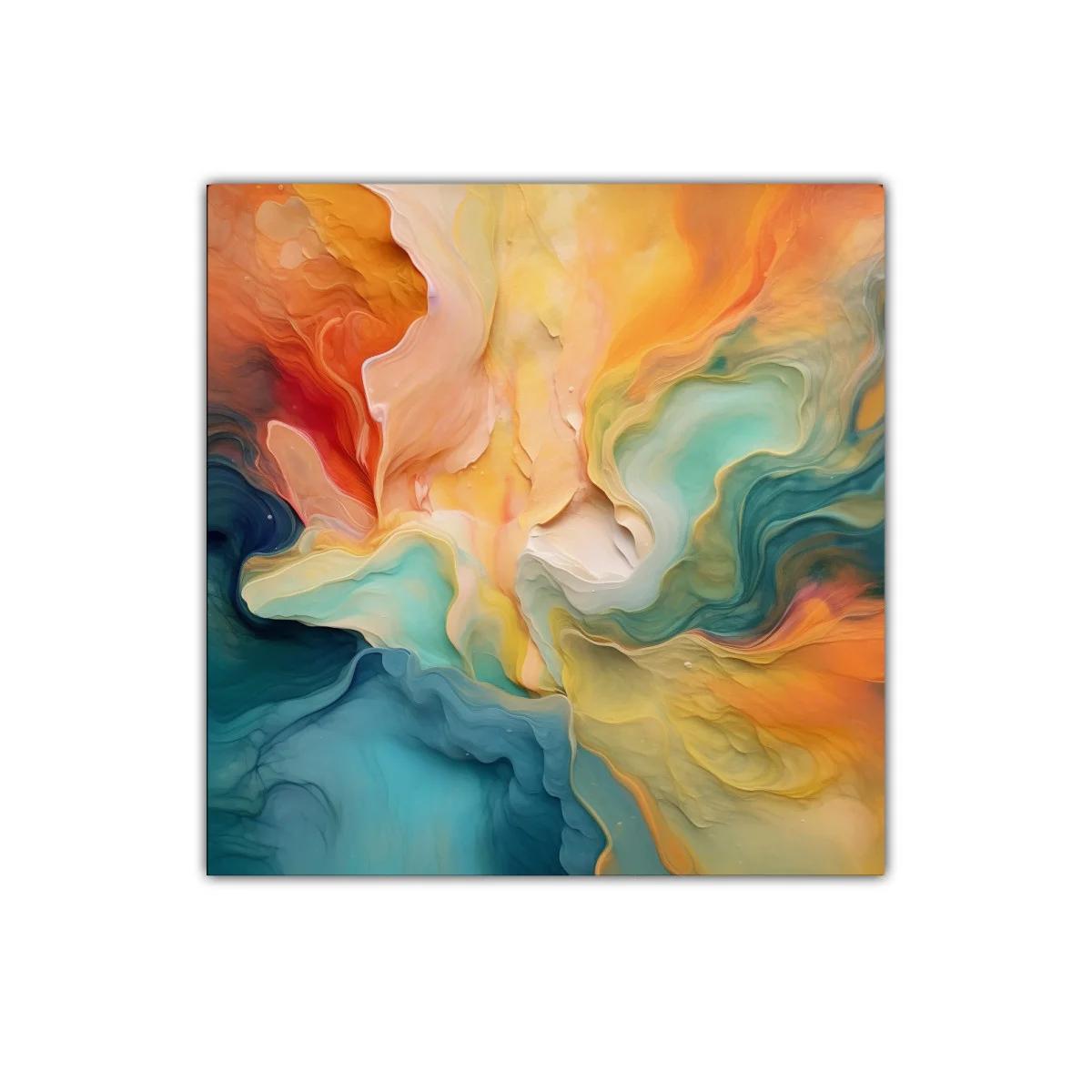 Cuadro abstracto en tonos cálidos y fríos con movimiento fluido — miniatura 1