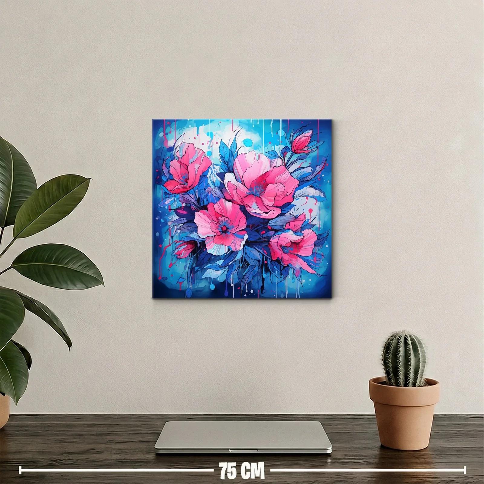 Cuadro vibrante con flores rosas y azul eléctrico — miniatura 2