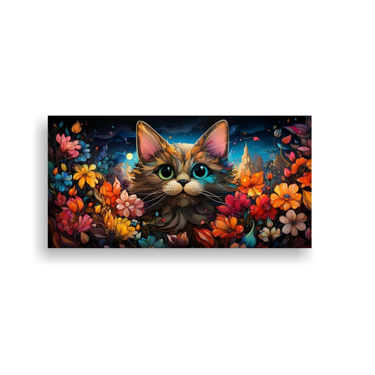 Cuadro gatito de ojos grandes rodeado de flores coloridas