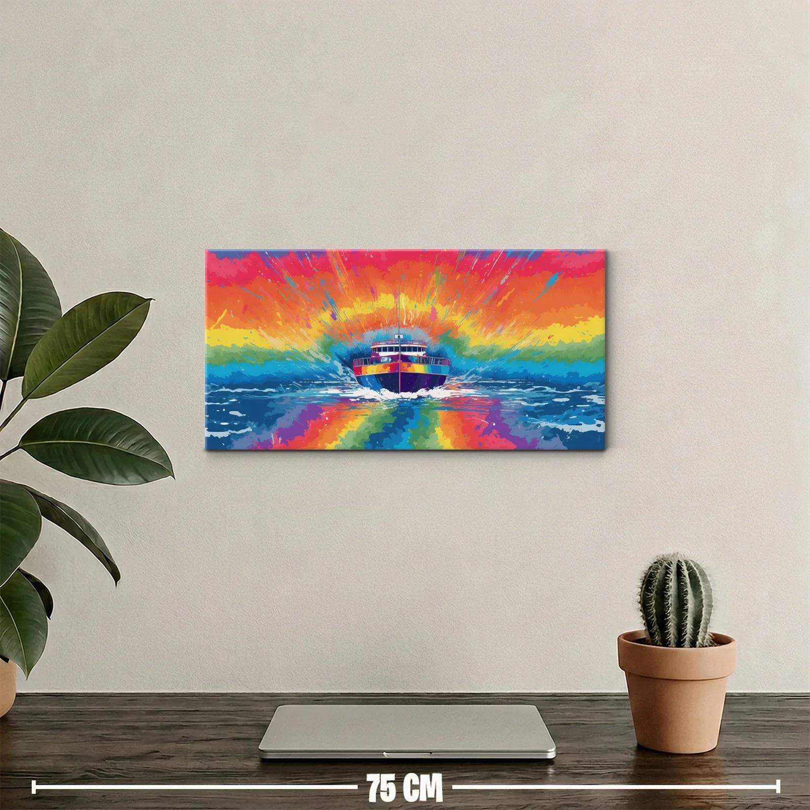 Cuadro barco con cielo multicolor y reflejo simétrico — miniatura 2