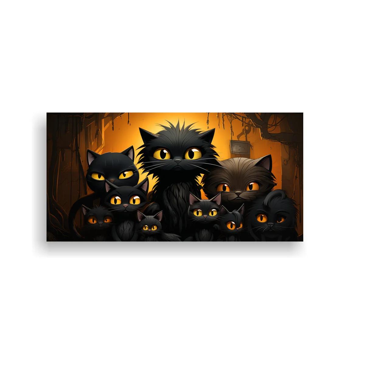 Cuadro grupo de gatos negros con ojos amarillos y farol — imagen principal