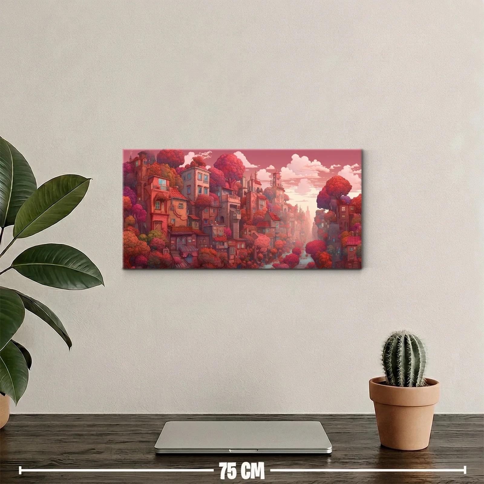 Cuadro pueblo de fantasía entre árboles rosados — miniatura 2