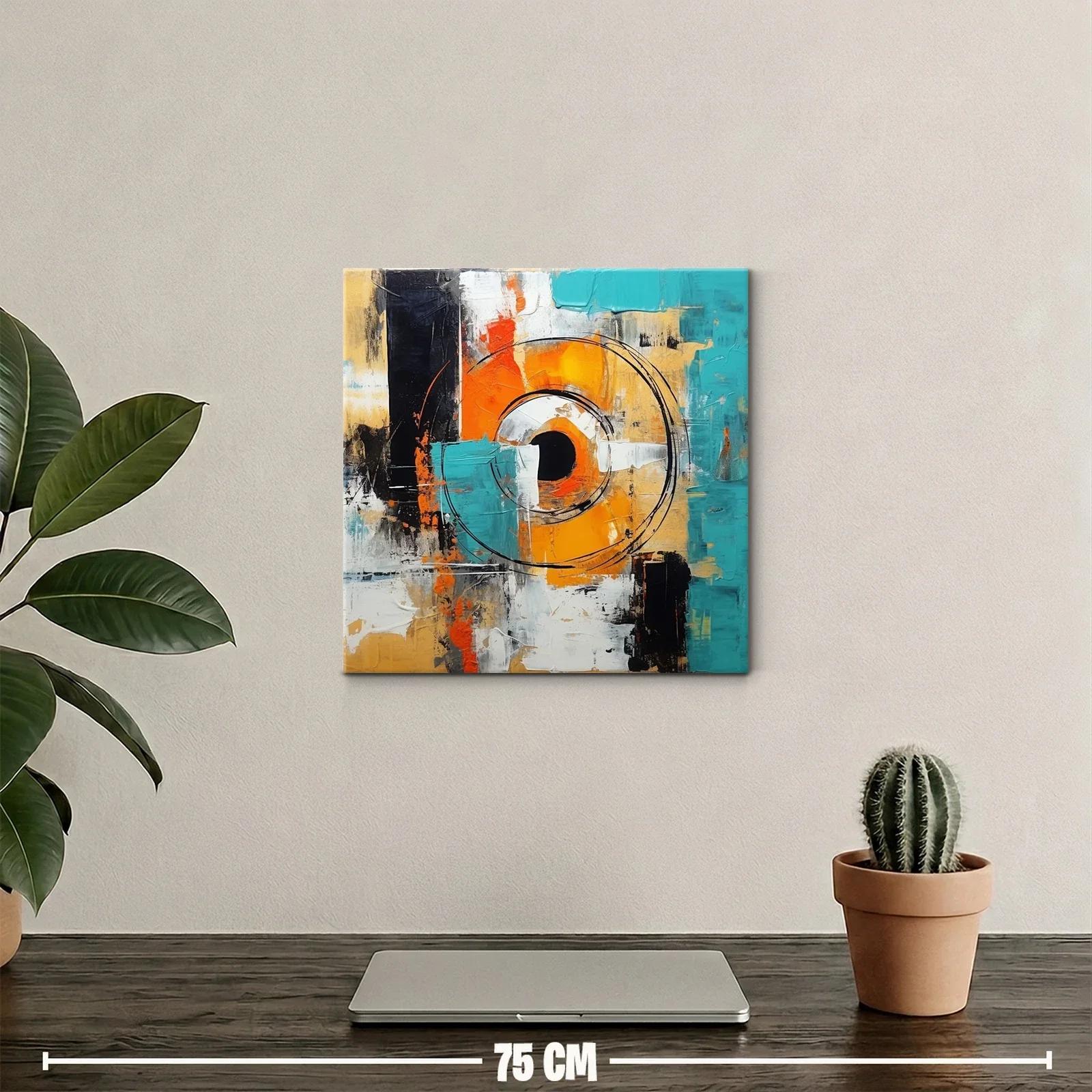 Cuadro abstracto con círculos y tonos vibrantes en azul y naranja — miniatura 2