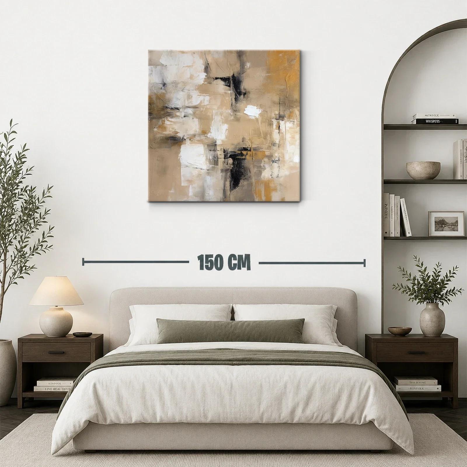 Cuadro abstracto en tonos beige y ocres con contraste negro — miniatura 3