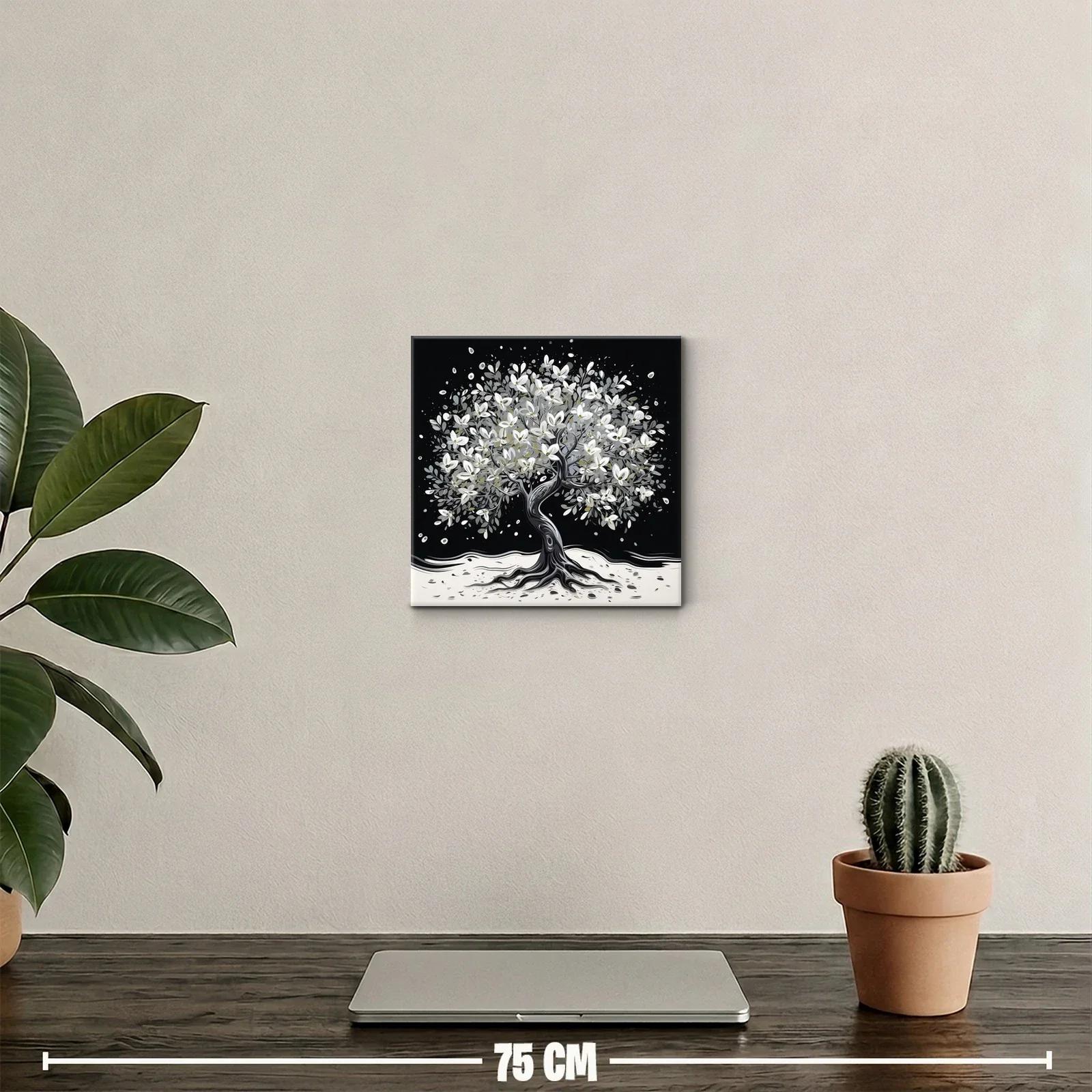 Árbol florecido en tonos blancos y grises sobre fondo oscuro — miniatura 2