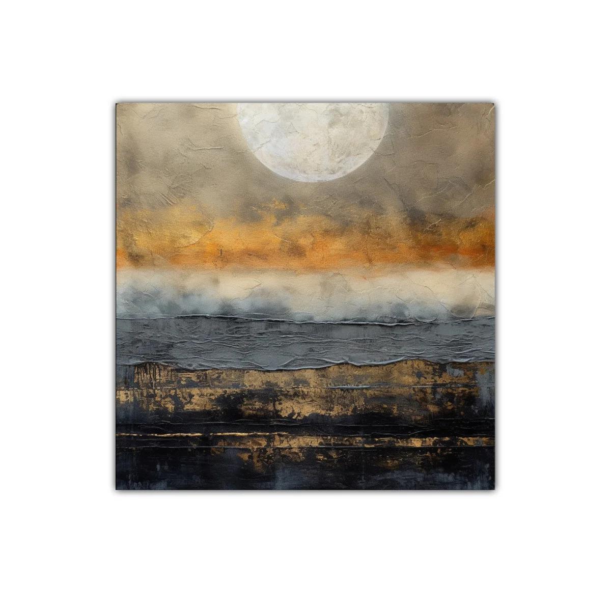 Cuadro abstracto con luna y tonos cálidos y oscuros