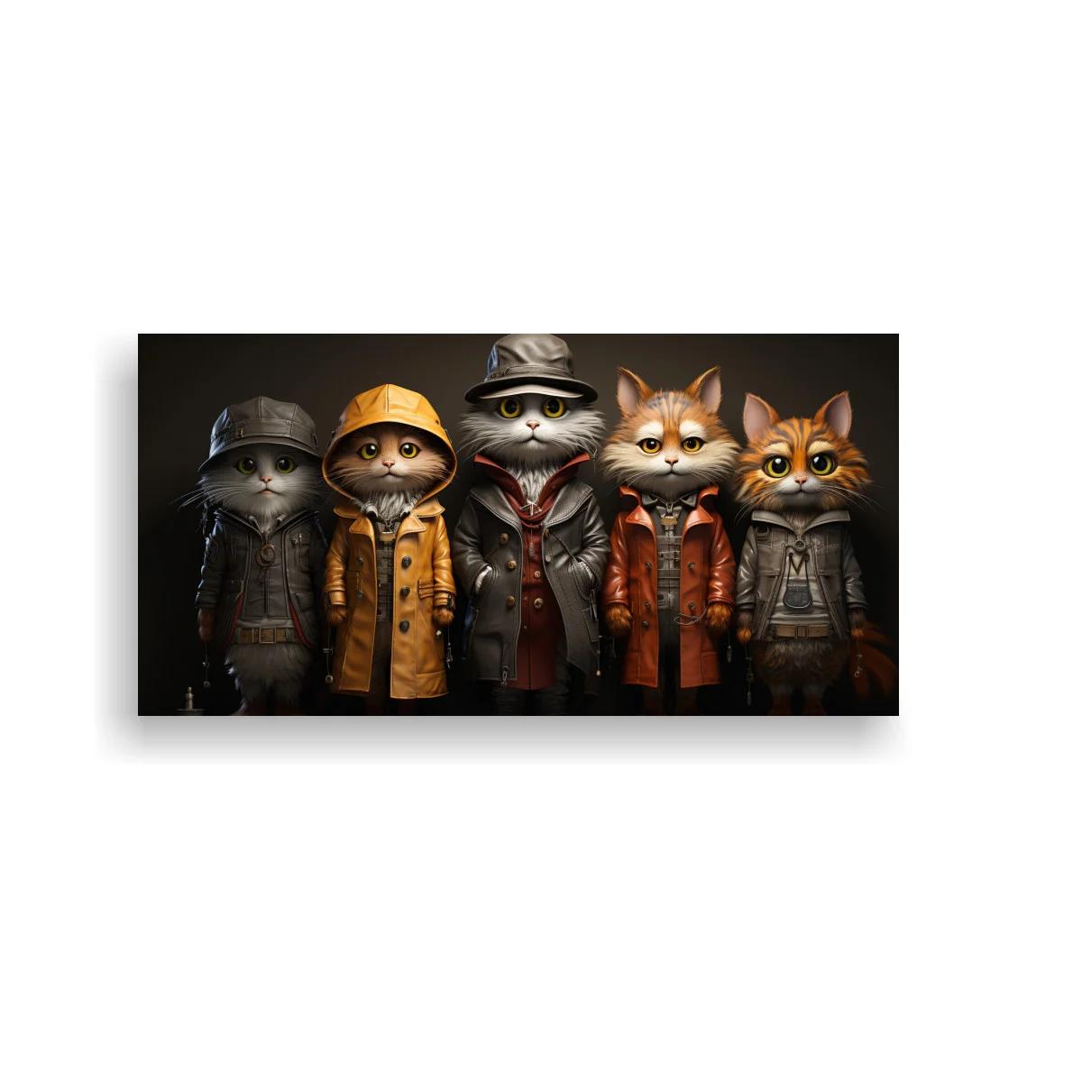 Cuadro grupo de gatos con abrigos y chaquetas