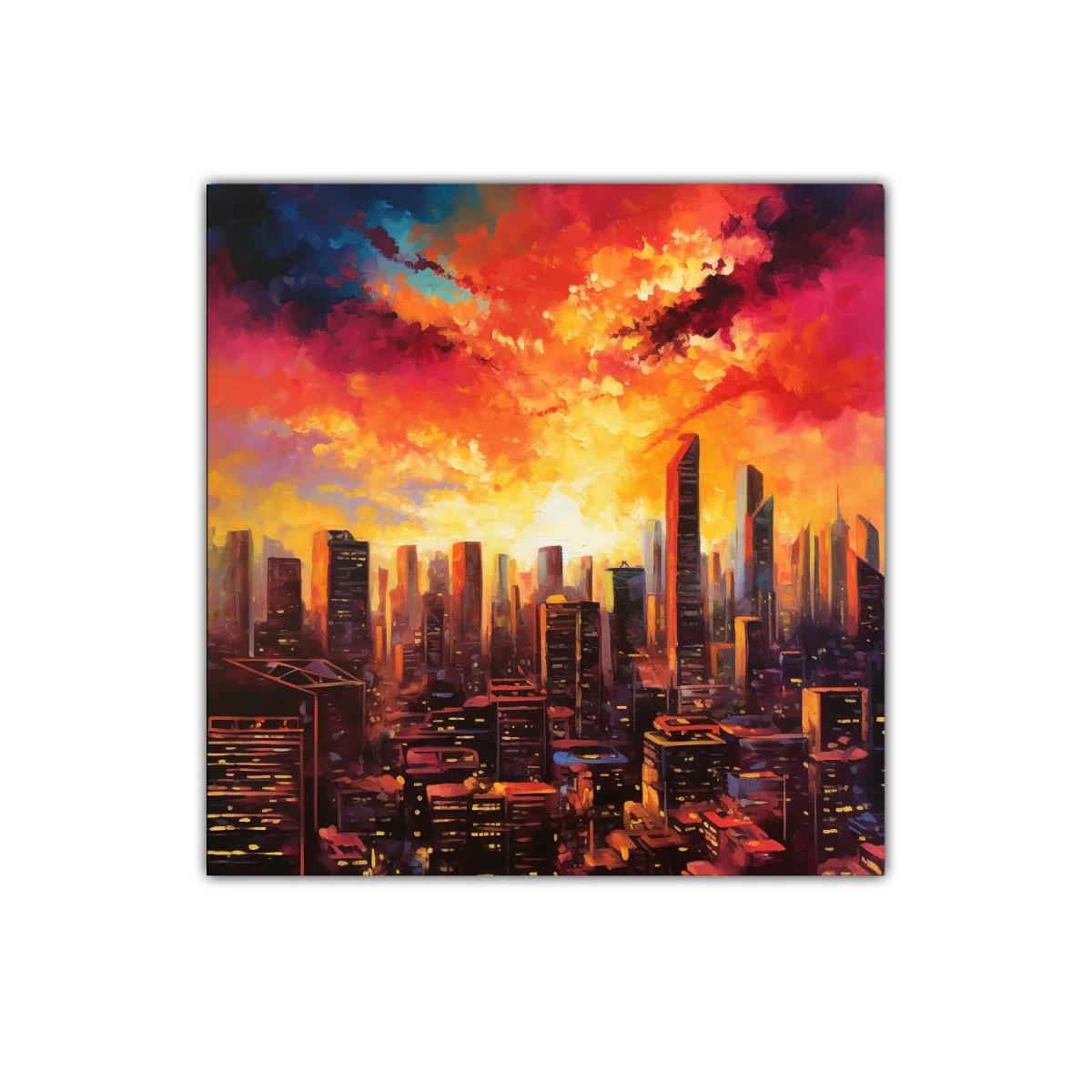 Atardecer urbano vibrante con rascacielos iluminados
