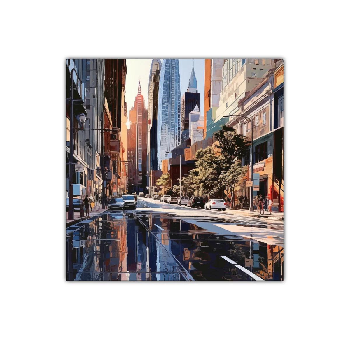 Paisaje urbano al atardecer con reflejos vibrantes