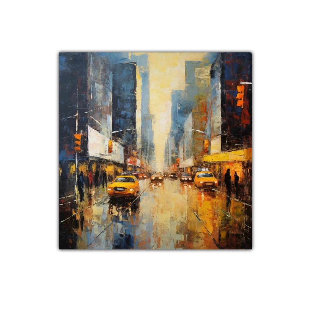 Ciudad vibrante con taxis en ambiente urbano iluminado — imagen principal