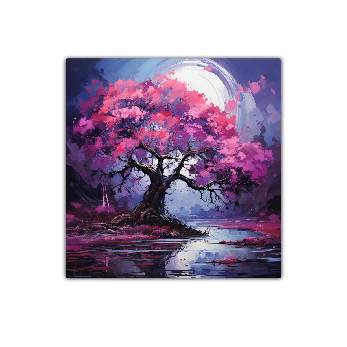 Árbol en flor bajo luna brillante sobre lago sereno