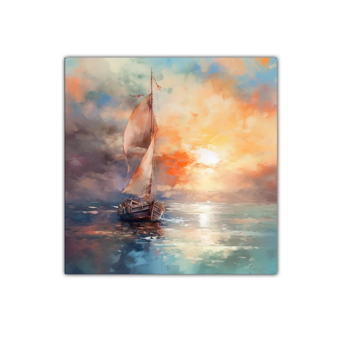 Velero navegando al atardecer con luz cálida y cielo colorido