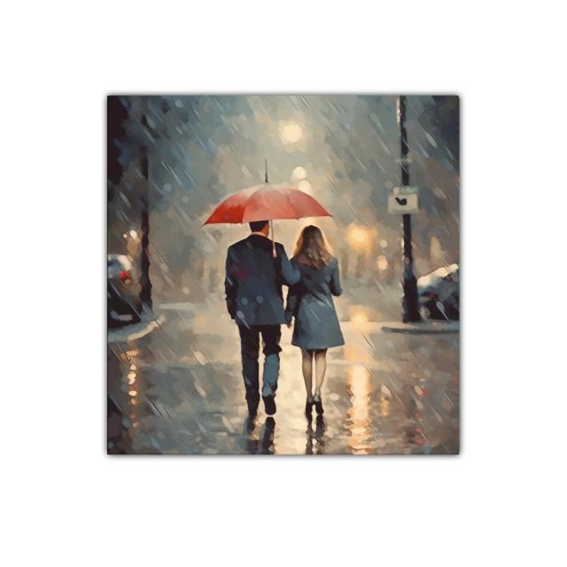 Pareja caminando bajo la lluvia con paraguas rojo