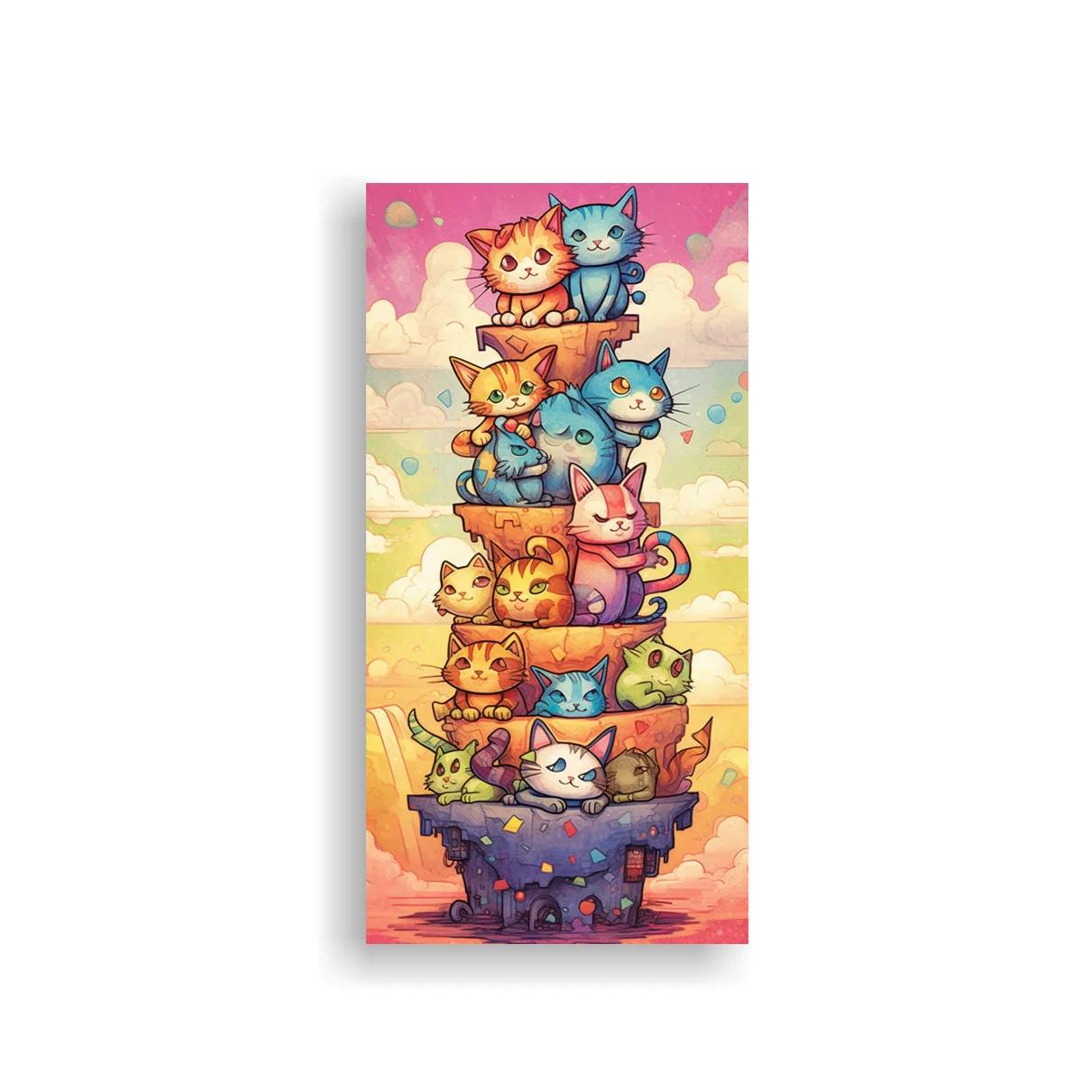 Cuadro torre de gatos de colores con corazones