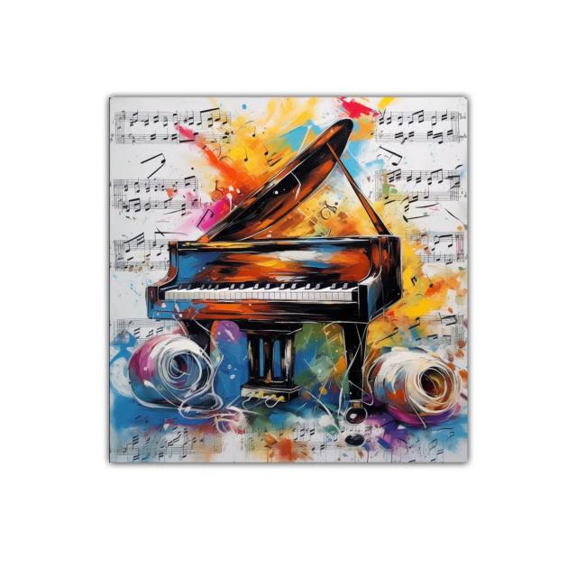 Cuadro vibrante de piano con notas musicales coloridas