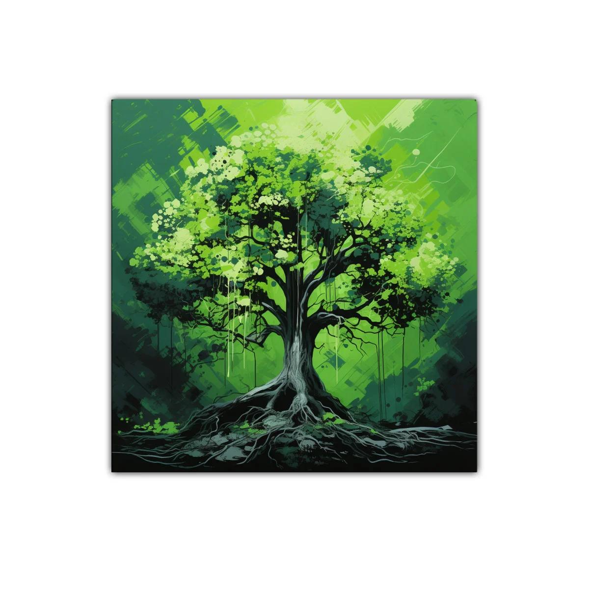 Cuadro árbol verde con raíces y copa frondosa