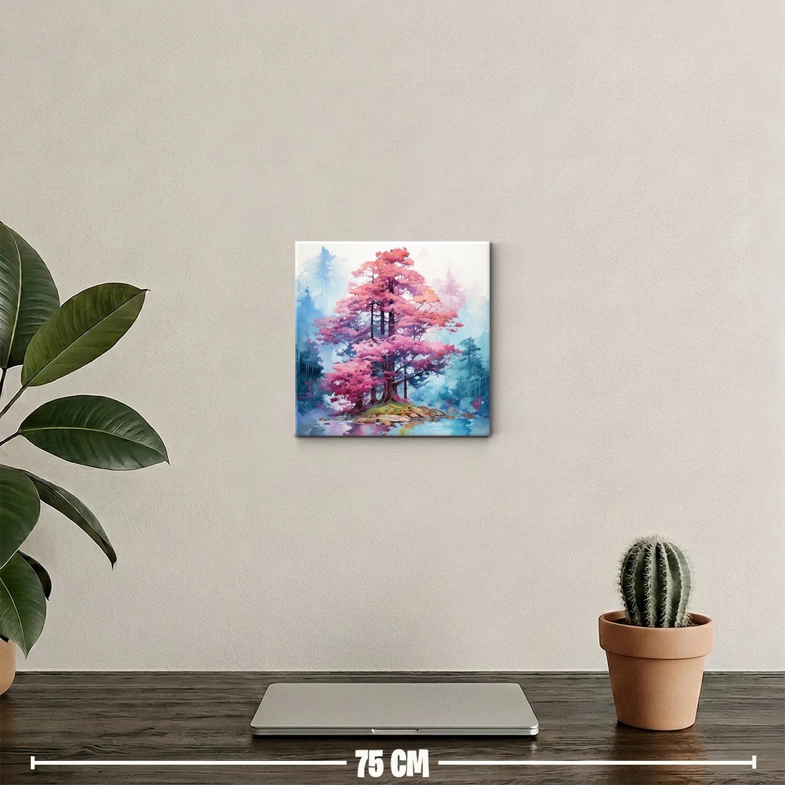 Arboles en tonos rosa sobre isla reflejada en lago tranquilo — miniatura 2