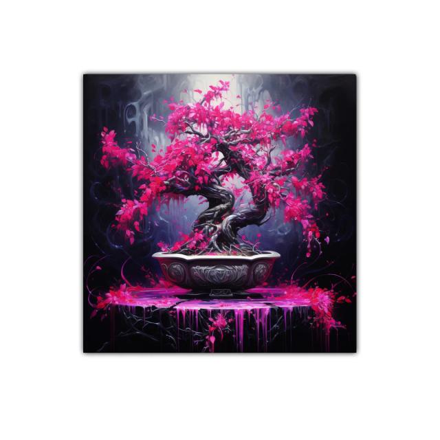 Bonsái vibrante con hojas fucsias en contraste oscuro