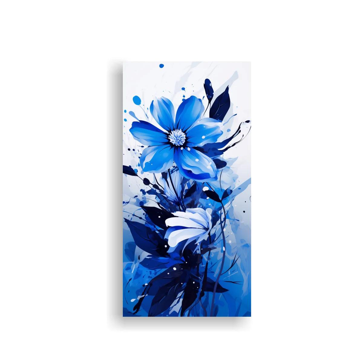 Cuadro flor azul abierta con salpicaduras expresivas