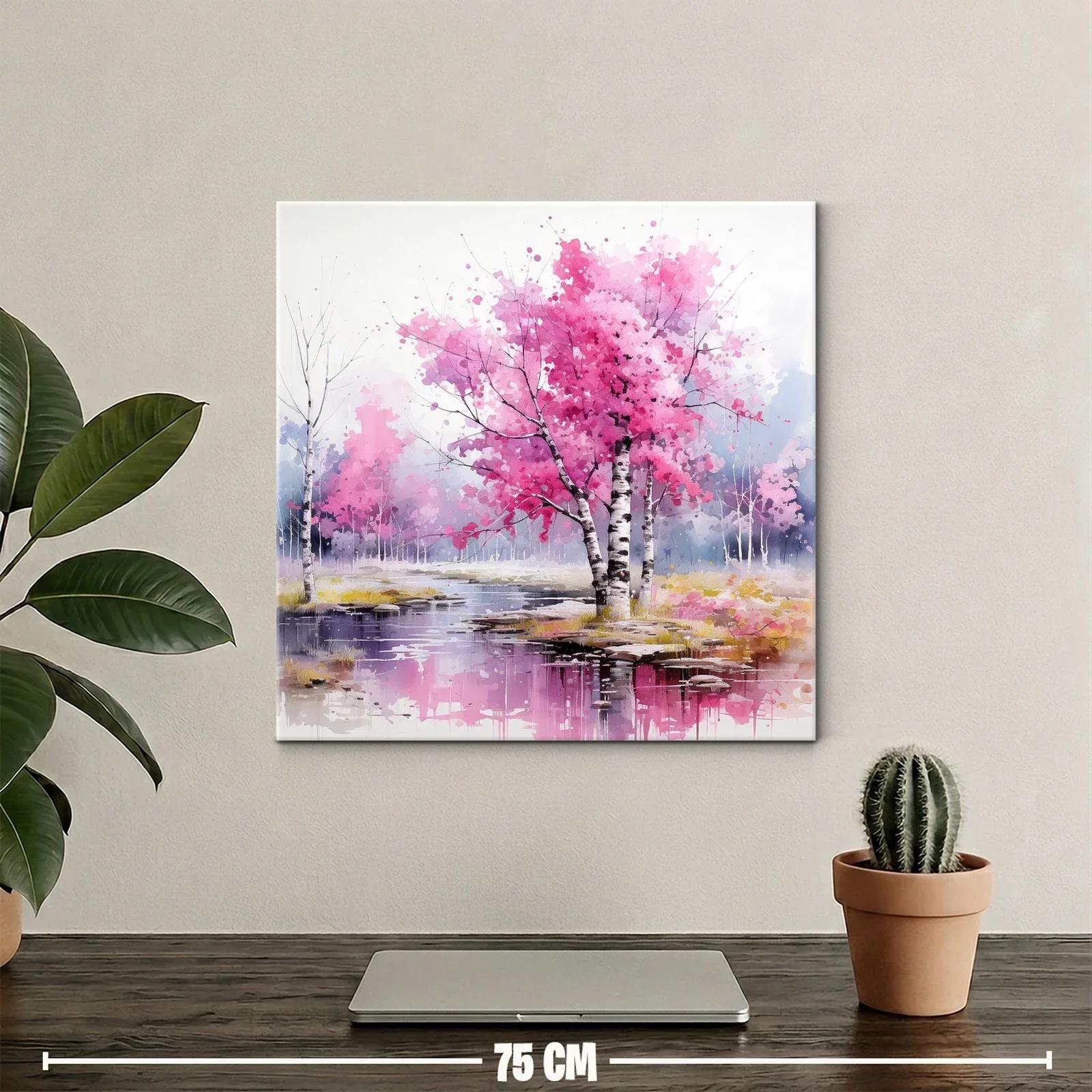 Paisaje de árboles rosas con reflejo en el agua sereno — miniatura 2